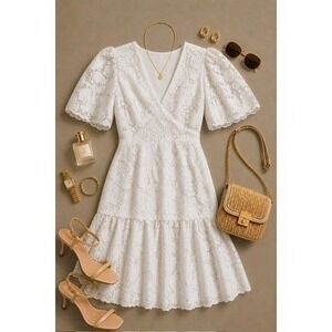 NWT Endless Rose White Lace Sequin Puff Sleeve Mini Dress Women's Size Small